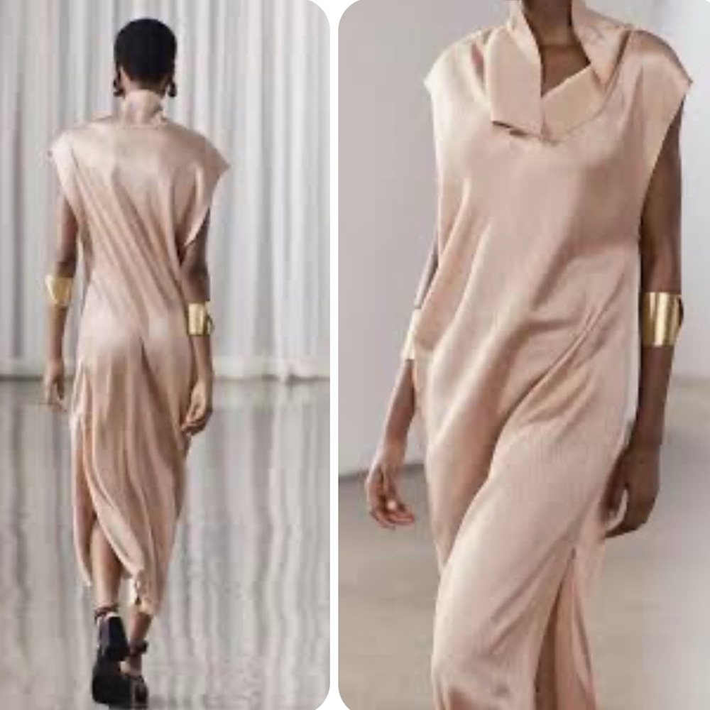 Zara Pink Tan Maxi Gown Cowl Neck Sleeveless